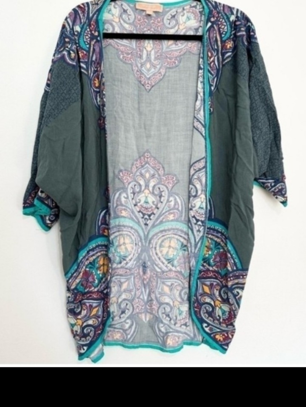 Boho Printed Open-Front Tunic Kimono - Teal & Green